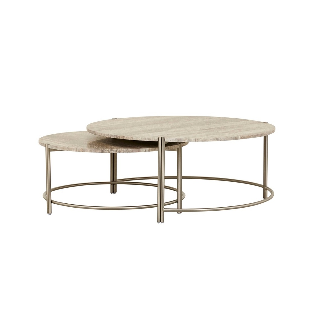 Atlas Twin Nest of 2 Coffee Tables - Satin Grey Travertine - Stainless Steel